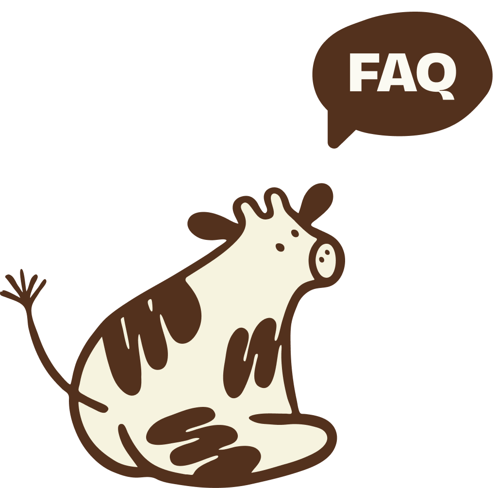 Cow with a cute butt and a speech bubble that says FAQ